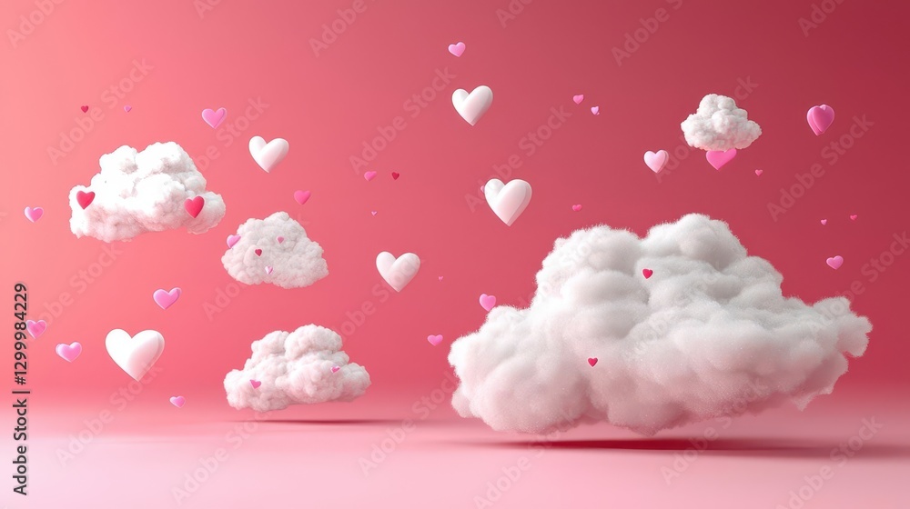 Poster floating white clouds and pink hearts on a pink background 3d render