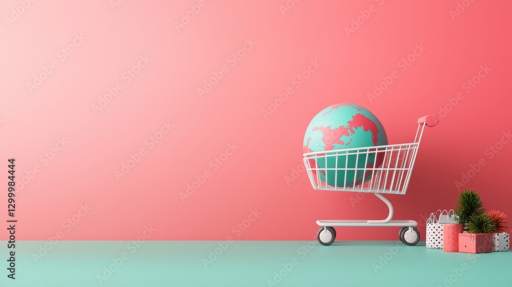 Poster a globe with a shopping cart icon orbiting around it, symbolizing the global reach of e commerce and