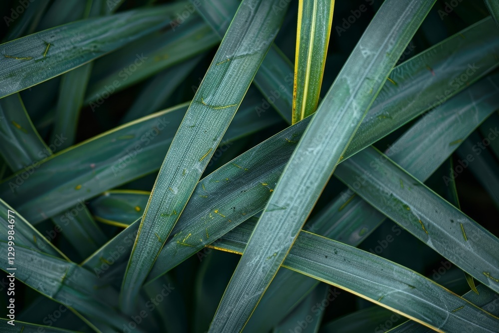 Poster close-up of overlapping blades of grass with yellow lines, delicate blades overlapping and intertwin