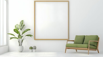 Bright Interior Design with Green Sofa Plant and Wooden Frame on White Wall