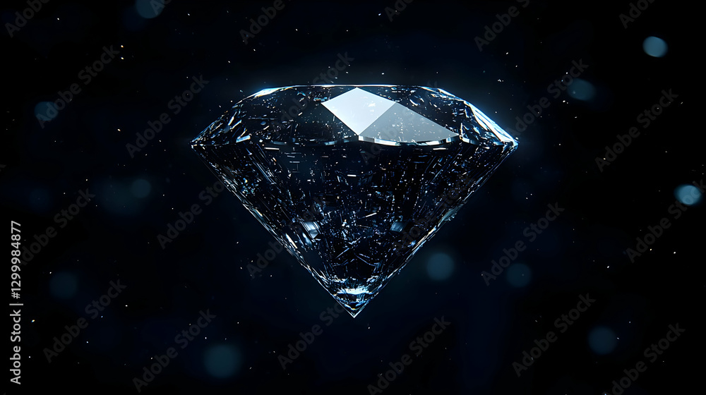 Poster glowing blue diamond with sparkling facets on dark background with bokeh effect