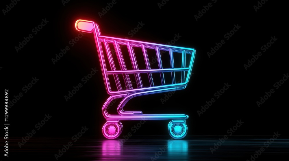 Poster a shopping cart icon with a glowing or neon effect, making it stand out against dark backgrounds and