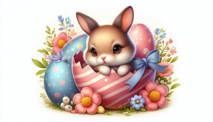 Fototapeta premium A cute bunny peeks out of a large Easter egg, surrounded by colorful eggs and flowers