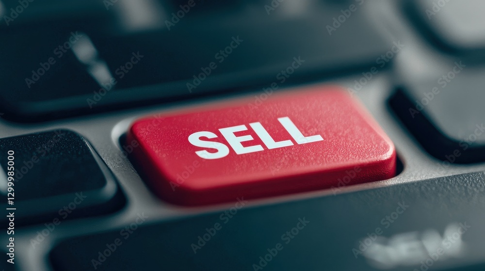 Aufkleber bright red sell key on modern computer keyboard close up view