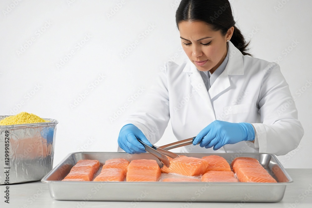 Aufkleber scientist in lab coat using tongs to handle salmon fillets on a tray.