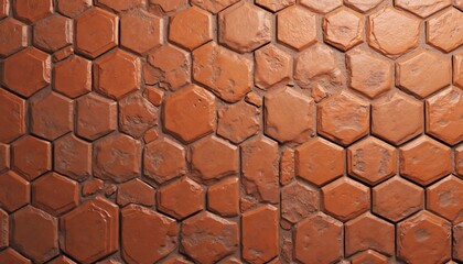 Seamless red hexagonal terracotta tiles pattern. Rustic orange texture ideal for architectural designs, vintage floors, walls, backgrounds, construction themes. Solid clay, ceramic, brick material.