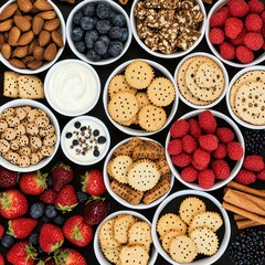 Fototapeta premium Assorted Healthy Snacks Berries, Crackers, and Granola in White Bowls