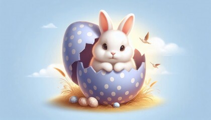 A cute bunny peeks out of a large Easter egg, surrounded by colorful eggs and flowers. This festive, playful scene captures the joyful spirit of Easter in a vibrant spring setting