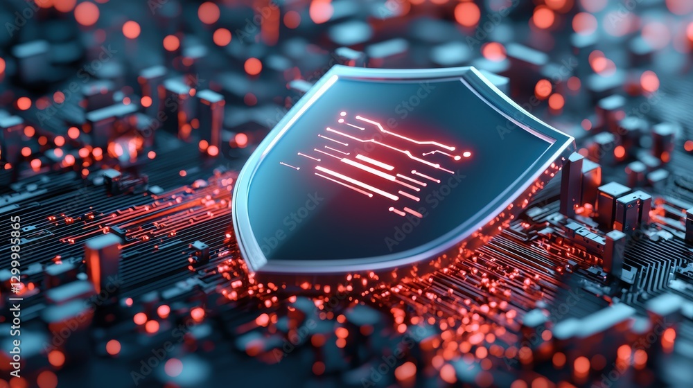 Poster a futuristic blue shield with glowing circuitry patterns, representing advanced digital security and