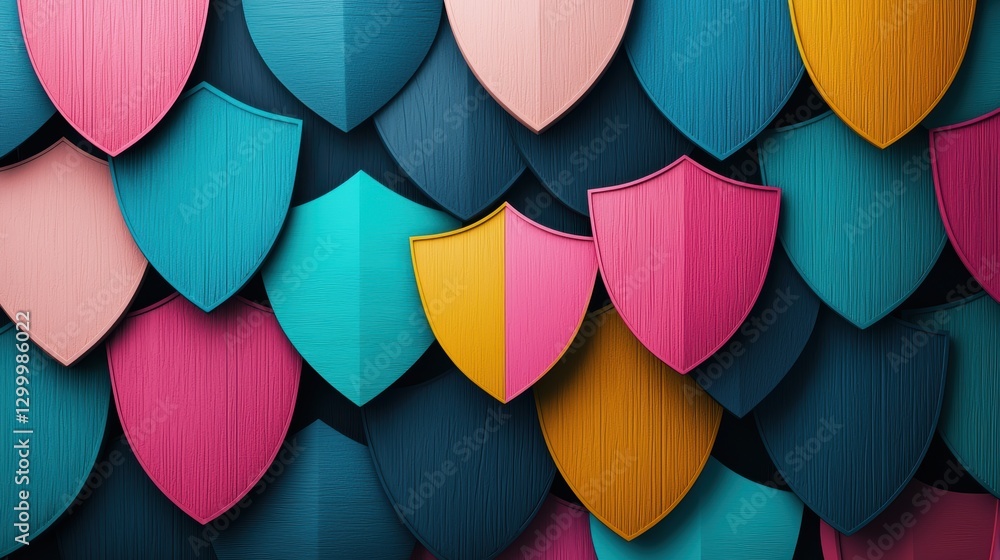 Poster a group of overlapping shields in various colors and textures, symbolizing comprehensive security an