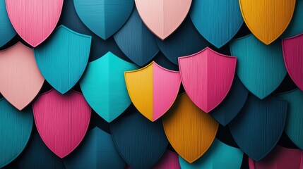 Fototapeta premium A group of overlapping shields in various colors and textures, symbolizing comprehensive security and multi layered protection.