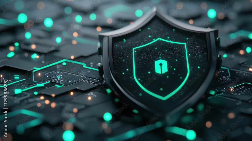 Poster a sleek black shield with a glowing green grid overlay, representing advanced firewall protection an