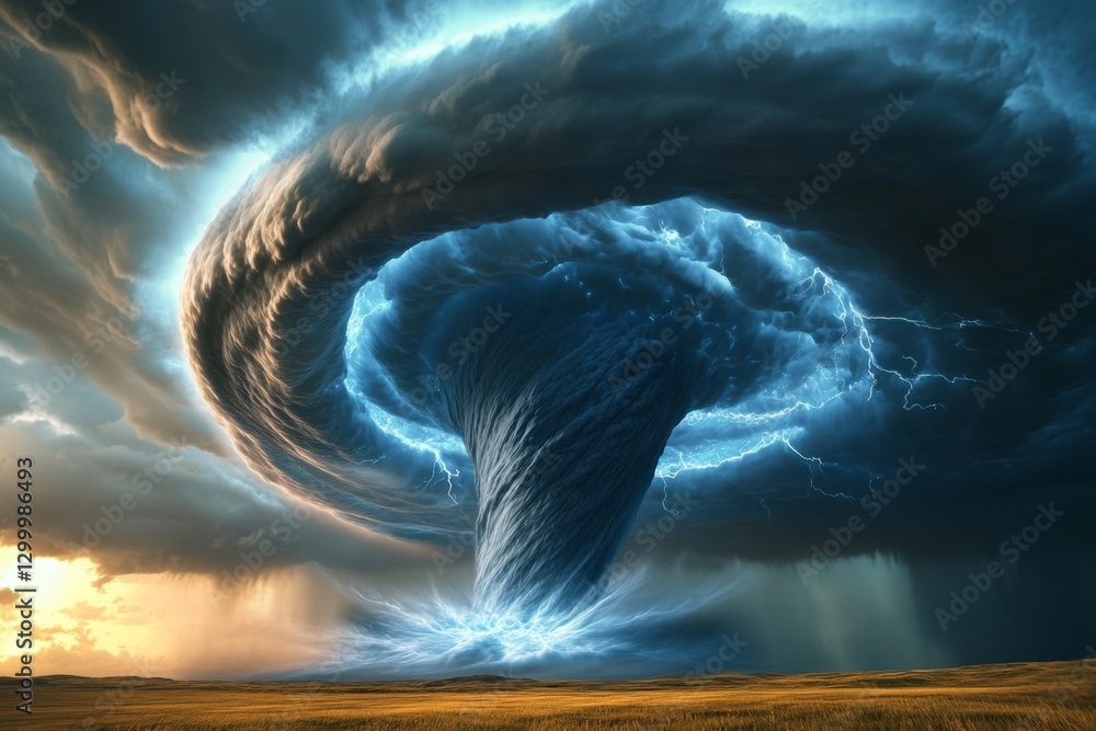 Poster a highly detailed 3d-rendered tornado simulation, showing wind currents and air pressure in action