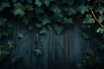 Lush green ivy leaves cascading over dark weathered wooden planks.