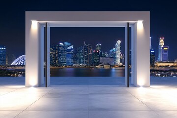 Night cityscape viewed through modern frame.