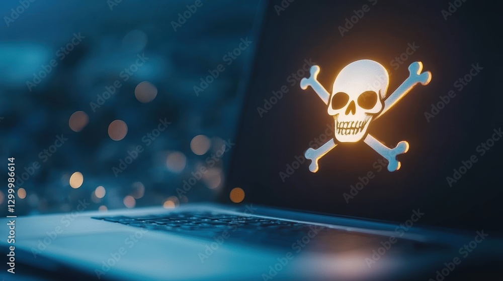 Poster a close up shot of a laptop screen displaying a security alert with a skull and crossbones symbol, h
