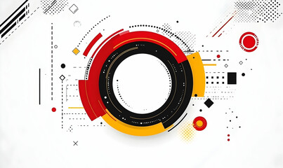 Obraz premium Abstract geometric design with red, yellow, and black concentric circles on a white background; ideal for tech, modern, or corporate projects.