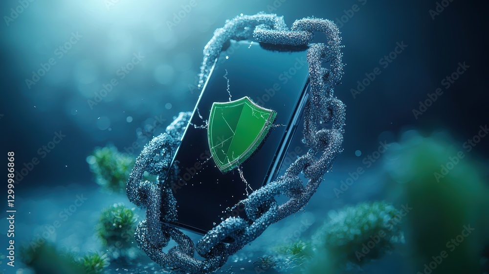Poster a smartphone with a broken chain link and a green shield icon appearing on the screen, representing 