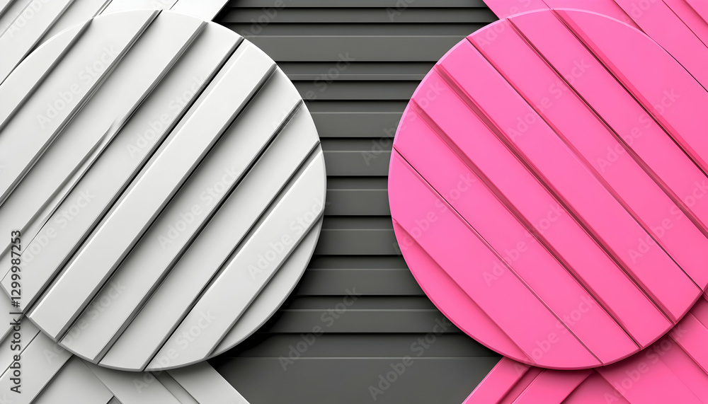 Poster abstract background with overlapping pink and white circular panels on a dark grey textured surface.