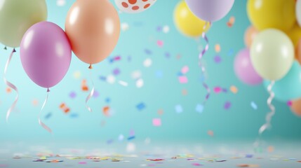 A child birthday party setting with a table decorated with balloons, streamers, and scattered confetti, creating a playful and celebratory atmosphere.