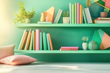 Colorful Stylish Home Office Backdrop With Shelves Full Of Books And Decorative Plants, Inspiring Atmosphere In Creative Setting