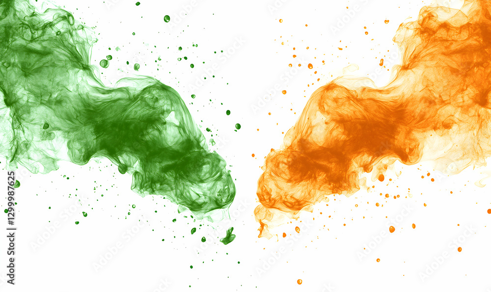 Poster abstract swirls of vibrant green and orange paint or ink colliding and mixing on a white background,