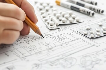 Hand drawing blueprints with pills nearby.