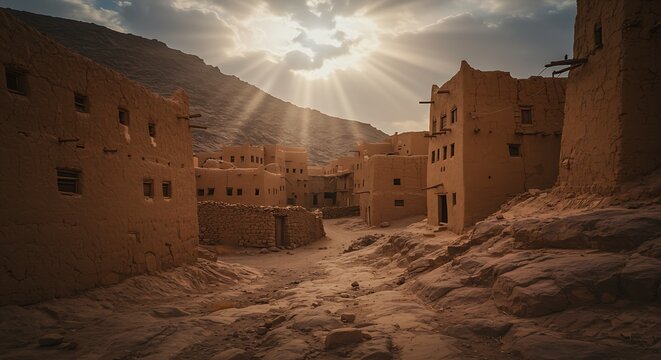 Traditional mud-brick houses blending into the rocky landscape of Najran