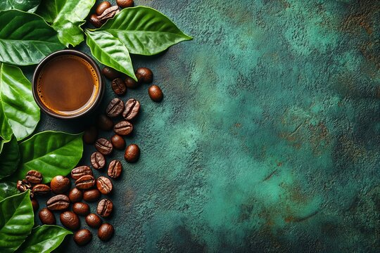 World fair trade day coffee celebration with beans and leaves theme