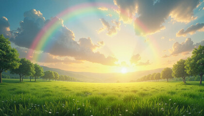 Naklejka premium Peaceful rainbow greeting card featuring a vibrant arch in the sky at sunrise and copy space for text