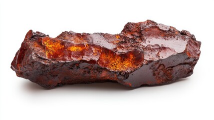 Raw iron ore with reddish-brown texture and metallic specks on white background