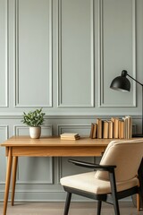 Scandinavian home office design with natural oak desk and modern chair