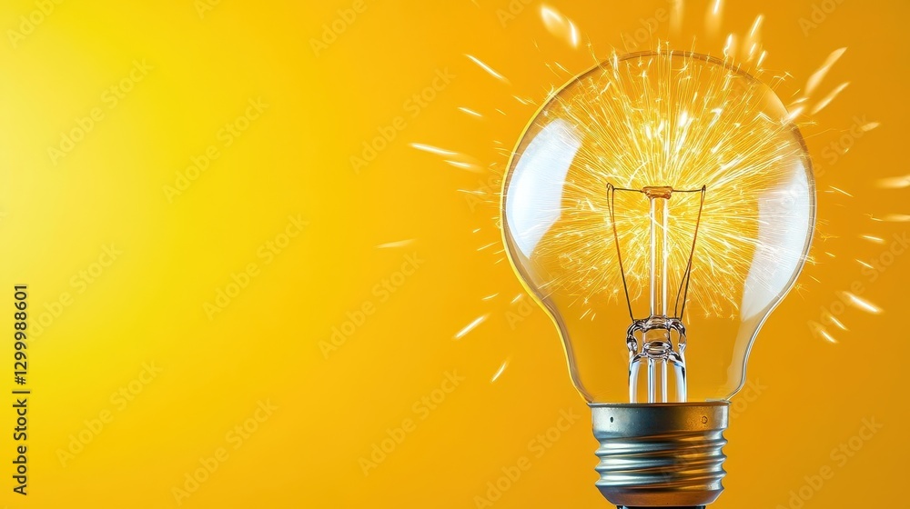 Aufkleber glowing lightbulb with golden sparks on yellow background