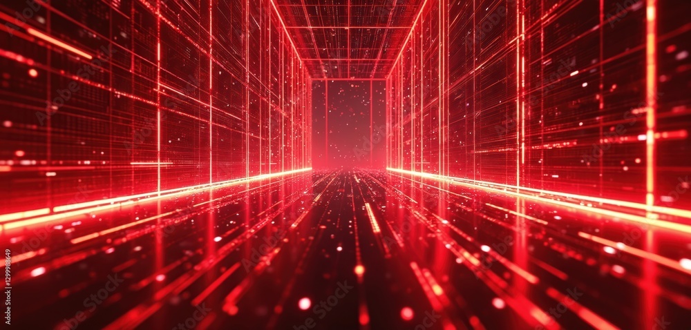 Poster Abstract red matrix background. Digital tech display, computer cyberspace graphic. Futuristic network communication connection. Modern information design texture. Light code grid mesh. Science. Art.