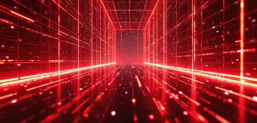 Abstract red matrix background. Digital tech display, computer cyberspace graphic. Futuristic network communication connection. Modern information design texture. Light code grid mesh. Science. Art.