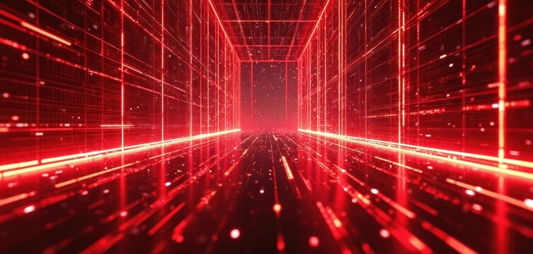 Abstract red matrix background. Digital tech display, computer cyberspace graphic. Futuristic network communication connection. Modern information design texture. Light code grid mesh. Science. Art.