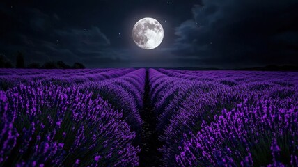 Expansive lavender fields under a full moon, soft purple hues glowing in the gentle night breeze, peaceful and dreamlike