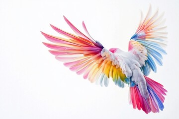 Obraz premium Colorful bird in flight, vibrant plumage, wings spread wide against white background.