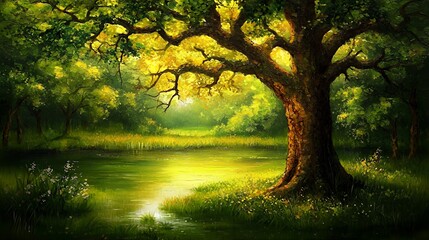 Fototapeta premium Golden Sunlight Illuminates Lush Green Forest with Pond