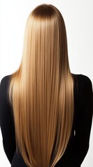 Naklejka premium Beautiful model girl with blond hair strand,silky healthy chestnut wavy hair strand,hair wavy ribbon, with smooth,Keratin straightening,Treatment,straight long hair,procedures,Smooth hairstyle.