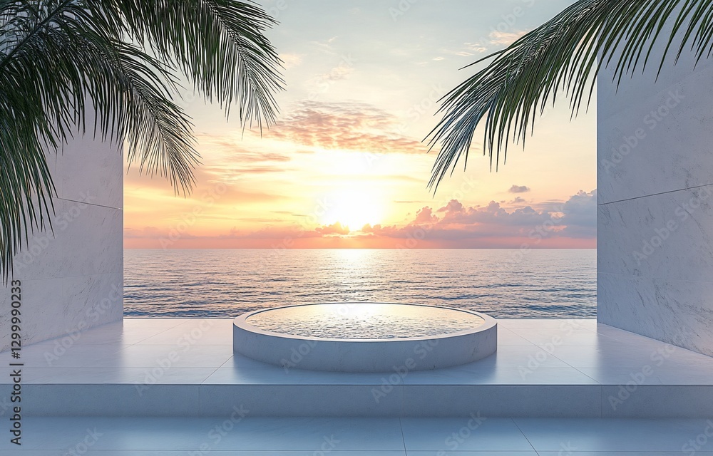 Poster tranquil sunset view from a minimalist spa with a circular pool.