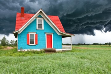 Obraz premium A lone farmhouse under a dark sky, waiting for the incoming storm