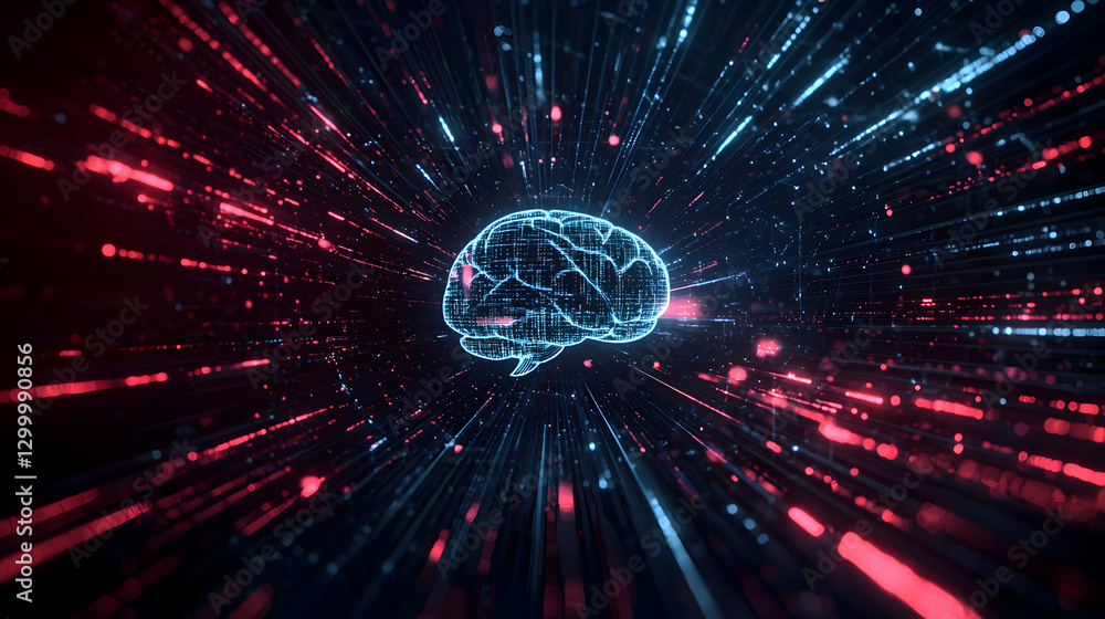 Poster digital brain illustration in blue and red with light streaks representing technology and data proce