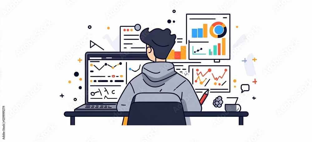 Poster person analyzing data on laptop, surrounded by charts and graphs.