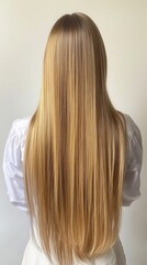 Naklejka premium Beautiful model girl with blond hair strand,silky healthy chestnut wavy hair strand,hair wavy ribbon, with smooth,Keratin straightening,Treatment,straight long hair,procedures,Smooth hairstyle.