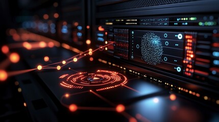 Obraz premium Futuristic server room innovation tech hub digital imagery high-tech environment close-up connectivity insights