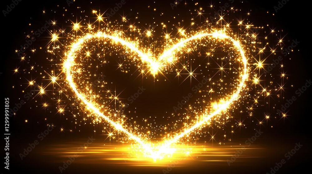 Poster Golden Sparkling Heart Shape Light Trails on Dark Background