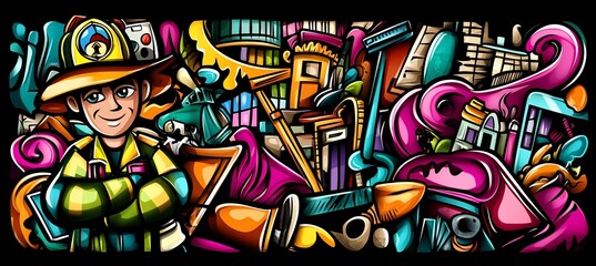 Cartoon firefighter amidst colorful urban doodle art.