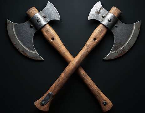 Two crossed Viking axes with silver metal blade, brown wooden handle on black background. Decorative ornamental medieval weapon looks weathered, used. Ancient iron hatchet fantasy tool. Symbol of