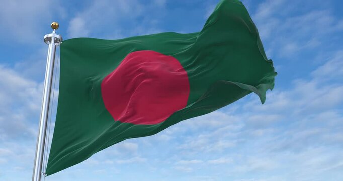 Bangladesh flag with flagpole waving in wind, rolling clouds background looping, 4K video (Perfect Loop)
